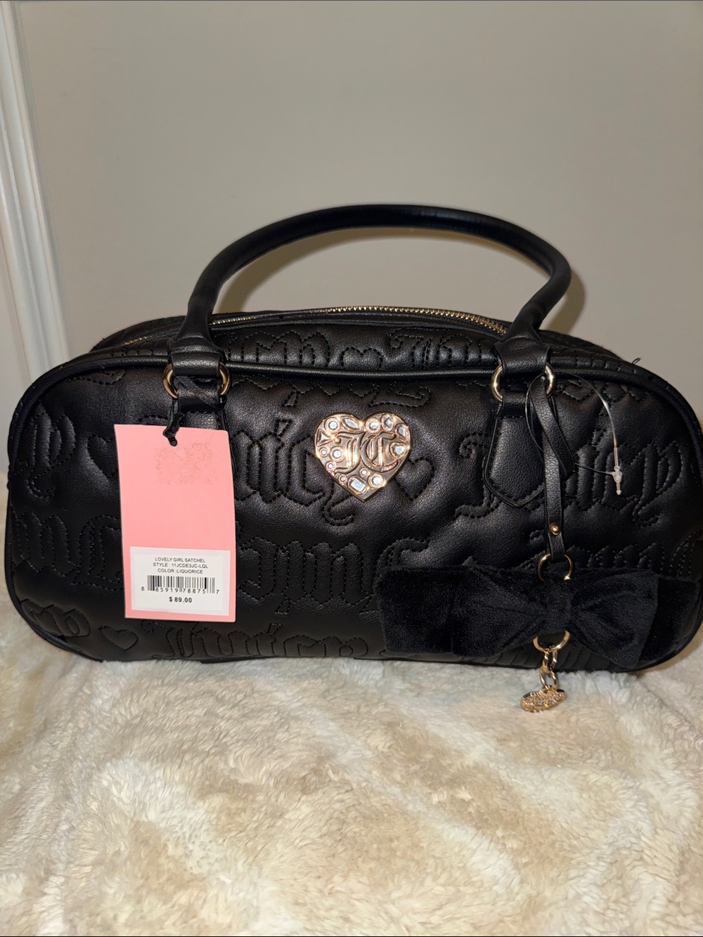 Juicy Couture Black Quilted Heart-Emblem Satchel with Bow Charm